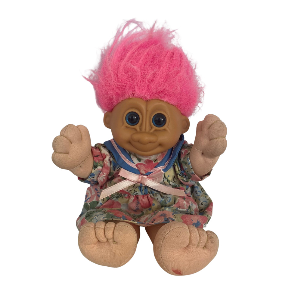 Vintage Troll Doll Russ Berrie Rosie 9" Neon Poink Hair Floral Dress Blue Eyes